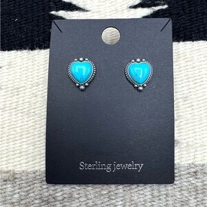 Navajo Native American Sterling Silver Natural Turquoise Heart Stud Earrings